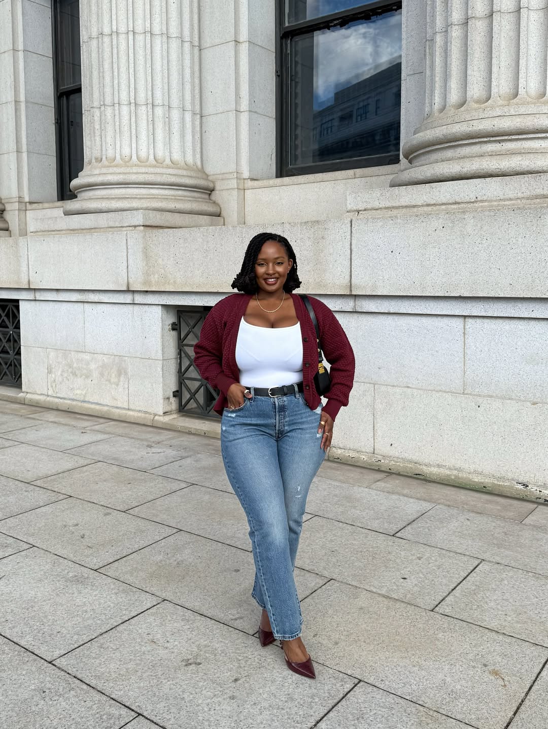 Textured Knit Cardigan + Straight-Leg Denim