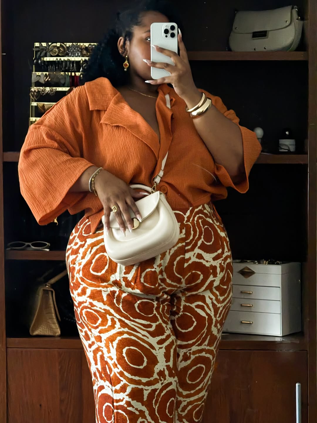 Textured Rust Button-Down + Patterned Linen Trousers