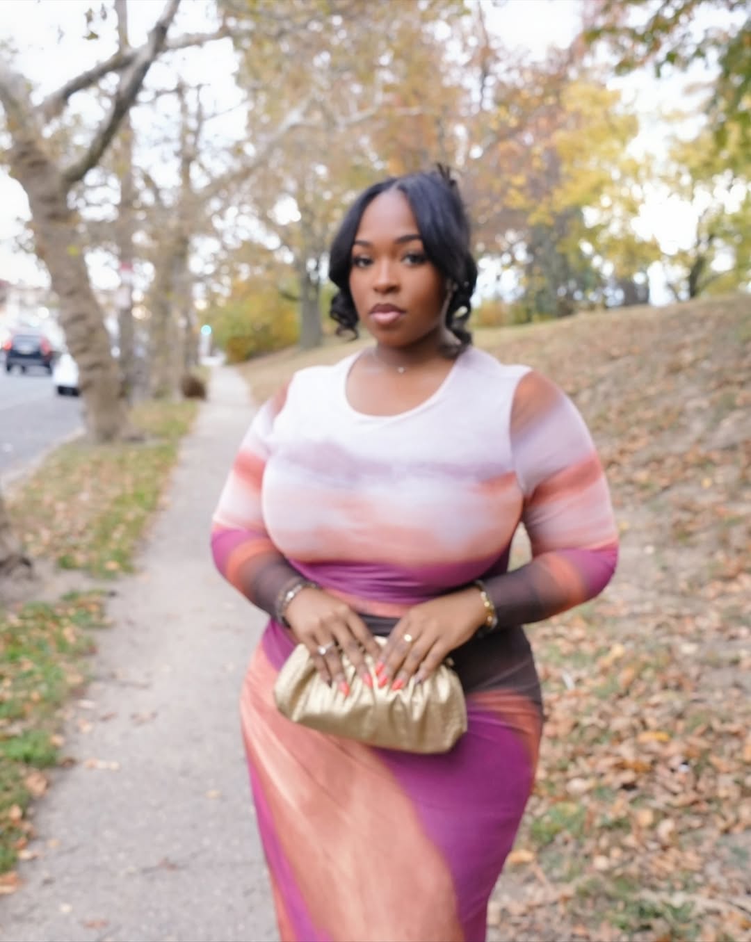 Sculpted Watercolor Maxi Dress + Soft Gold Clutch