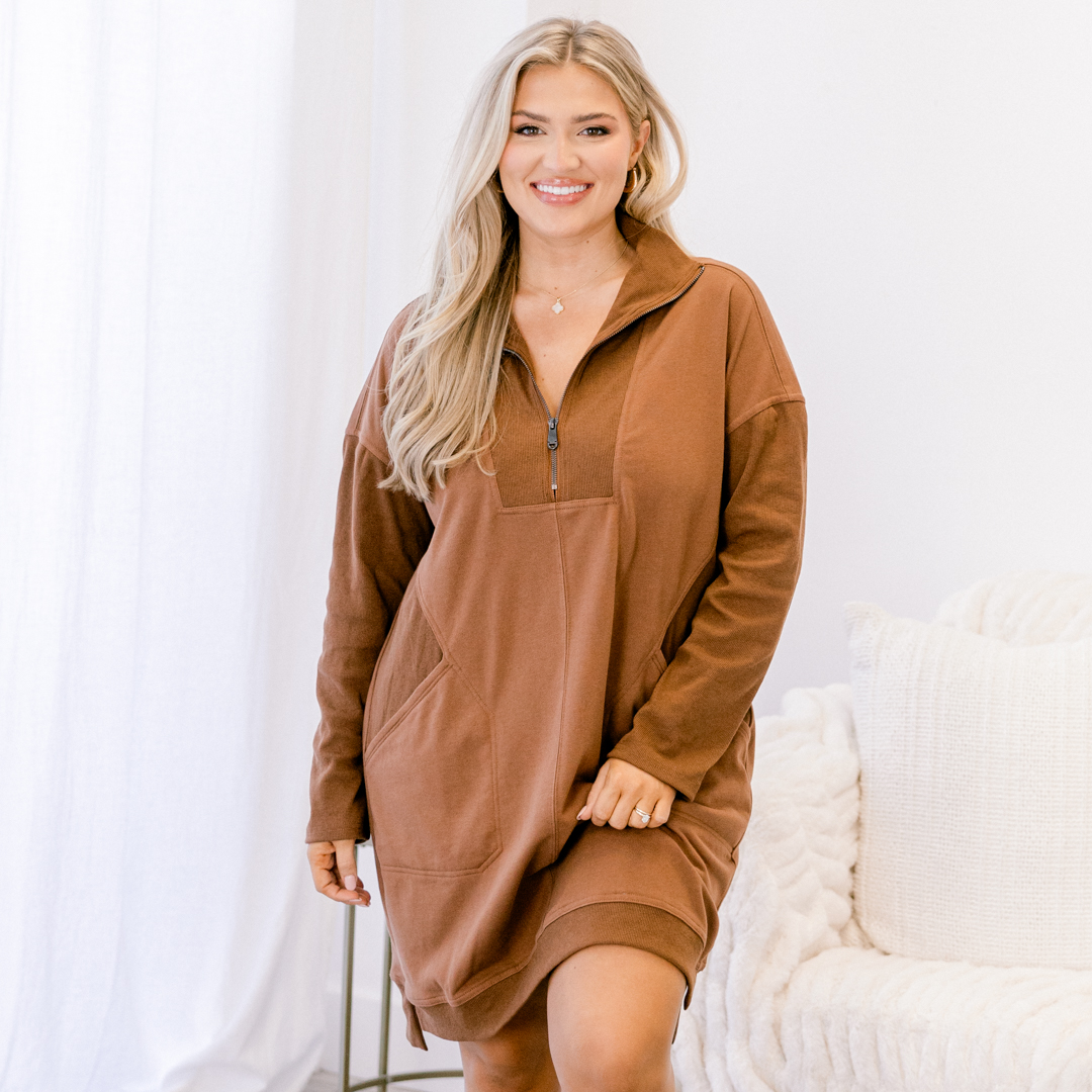 Warm Chestnut Quarter-Zip Dress + Easy Lounge Shape
