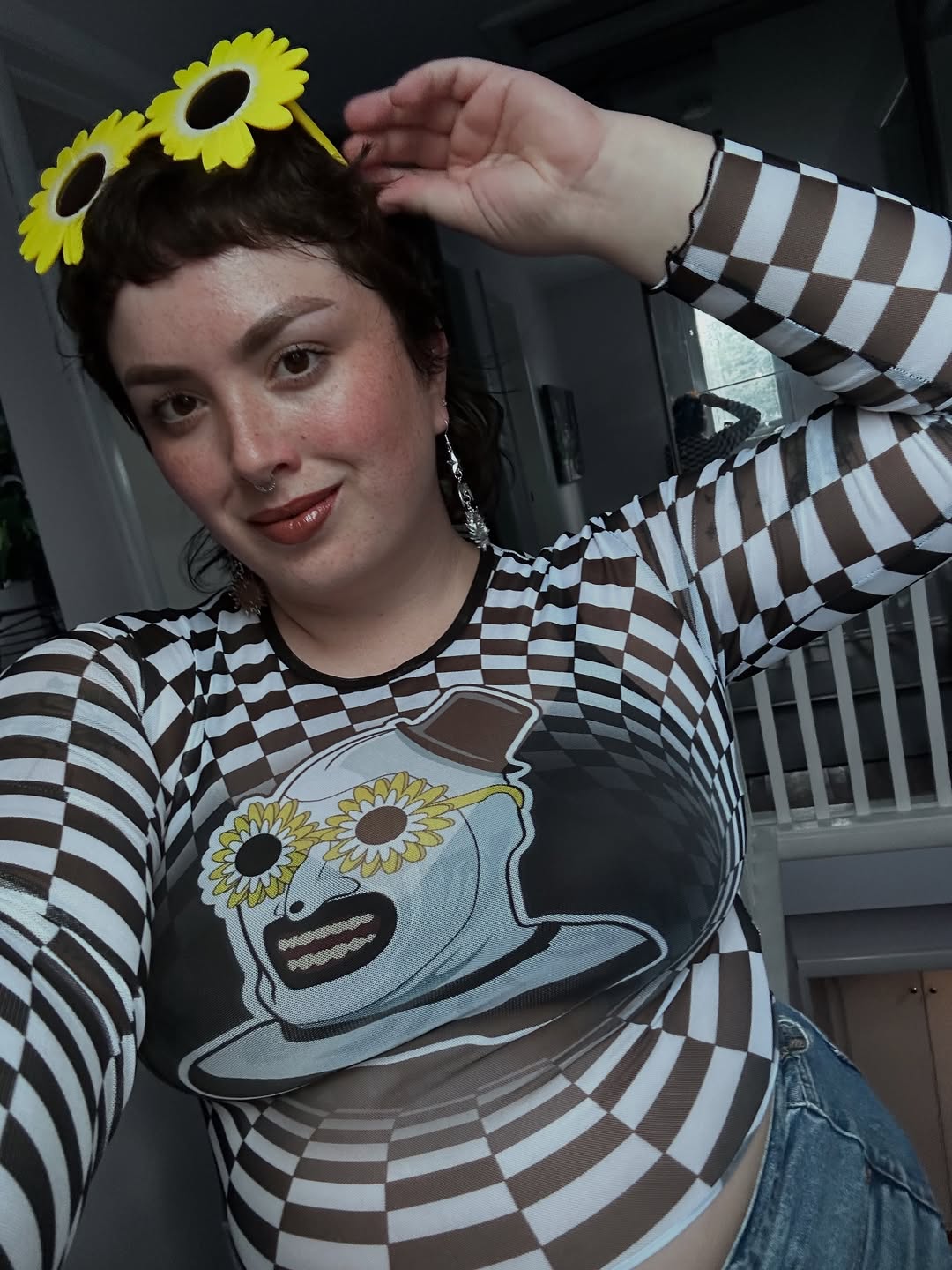 Checkered Mesh Top + Graphic Surreal Print