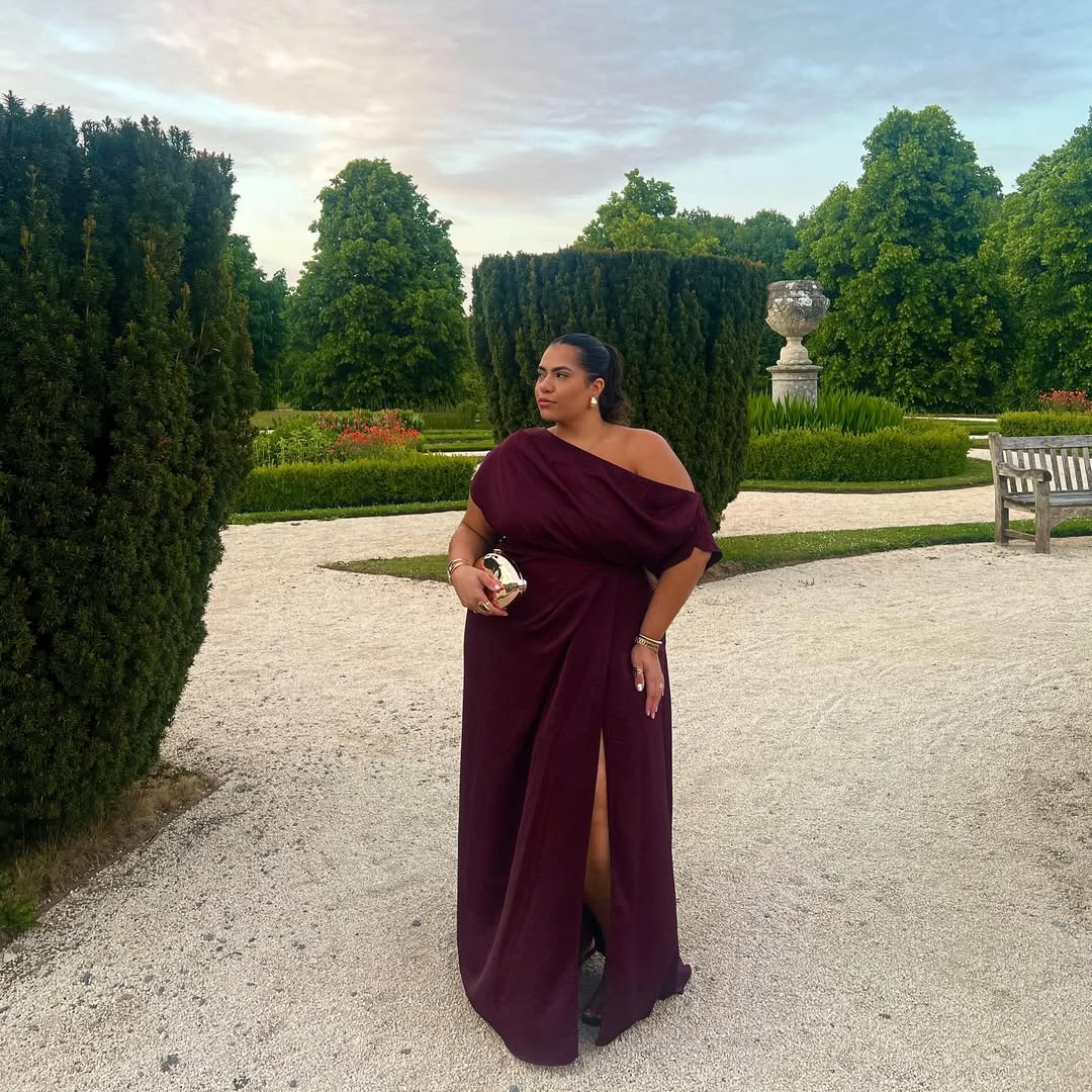 Draped Off-Shoulder Gown + Clean Thigh Slit