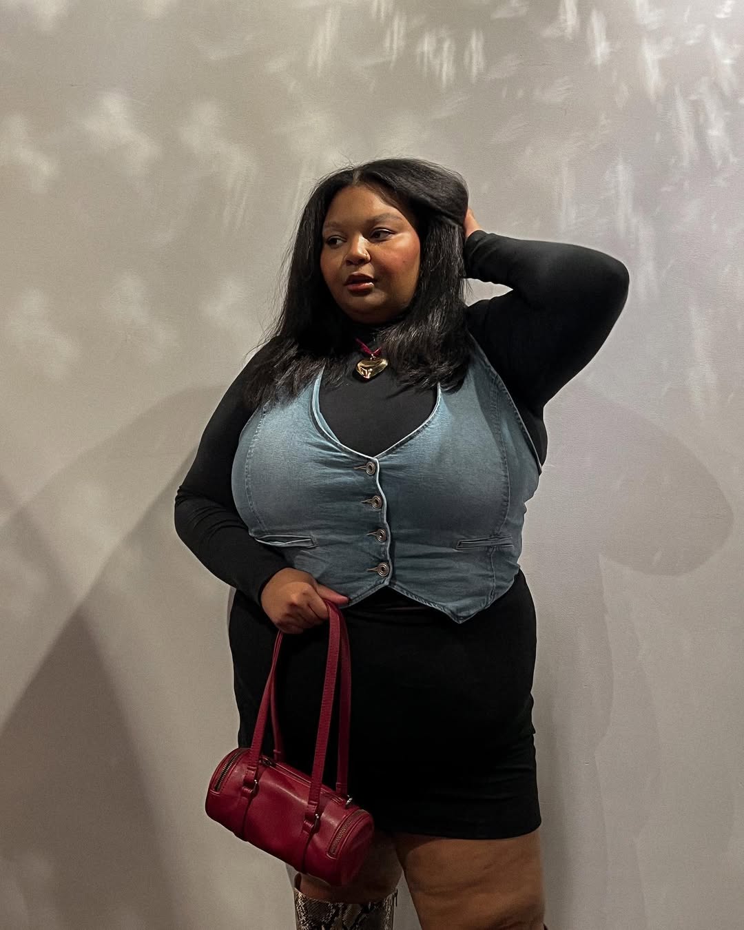 Layered Denim Vest + Bodycon Knit Dress