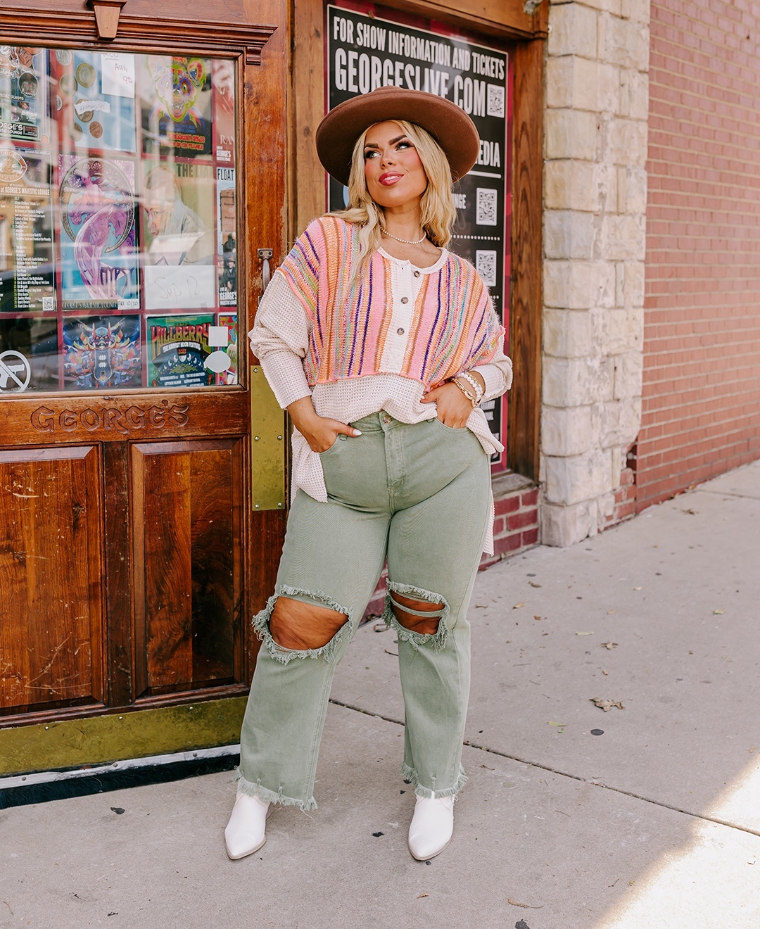 Striped Knit Pullover + Sage Distressed Denim