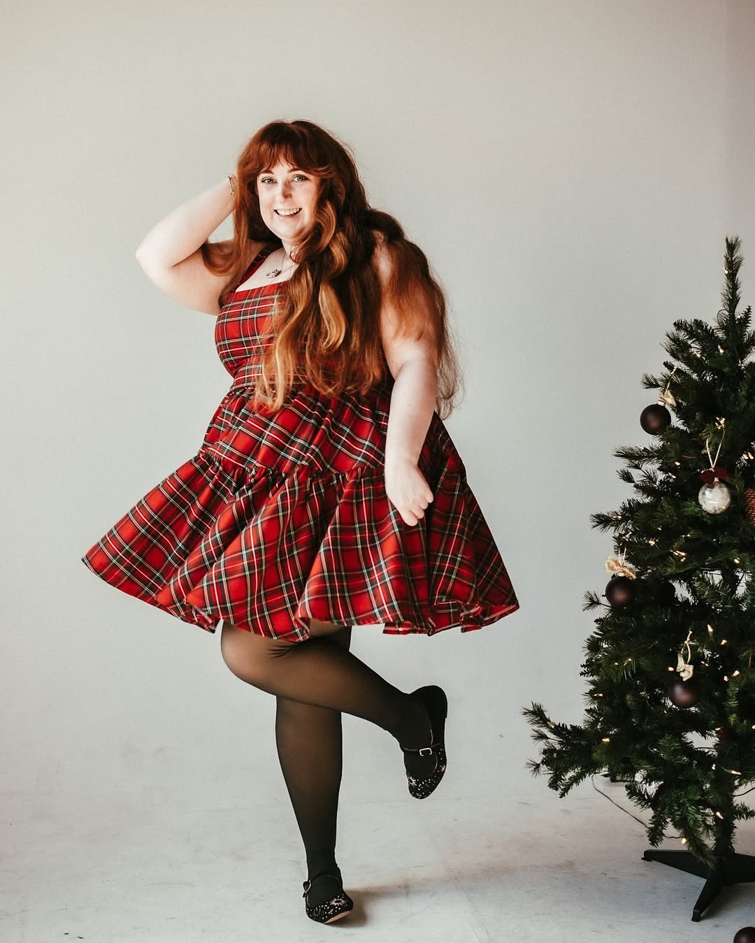 Twirl-Ready Tartan Mini Dress + Sheer Black Tights
