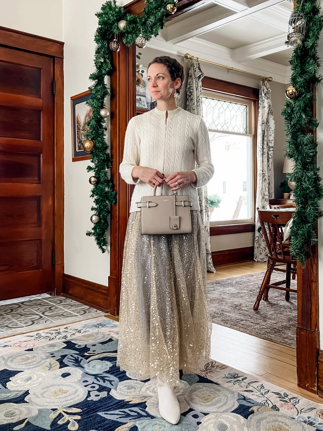 Cable-Knit Sweater + Sparkled Tulle Maxi Skirt