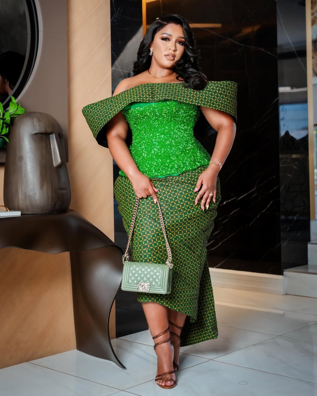 Folded Off-Shoulder Bodice + Sculpted Sequin Corset