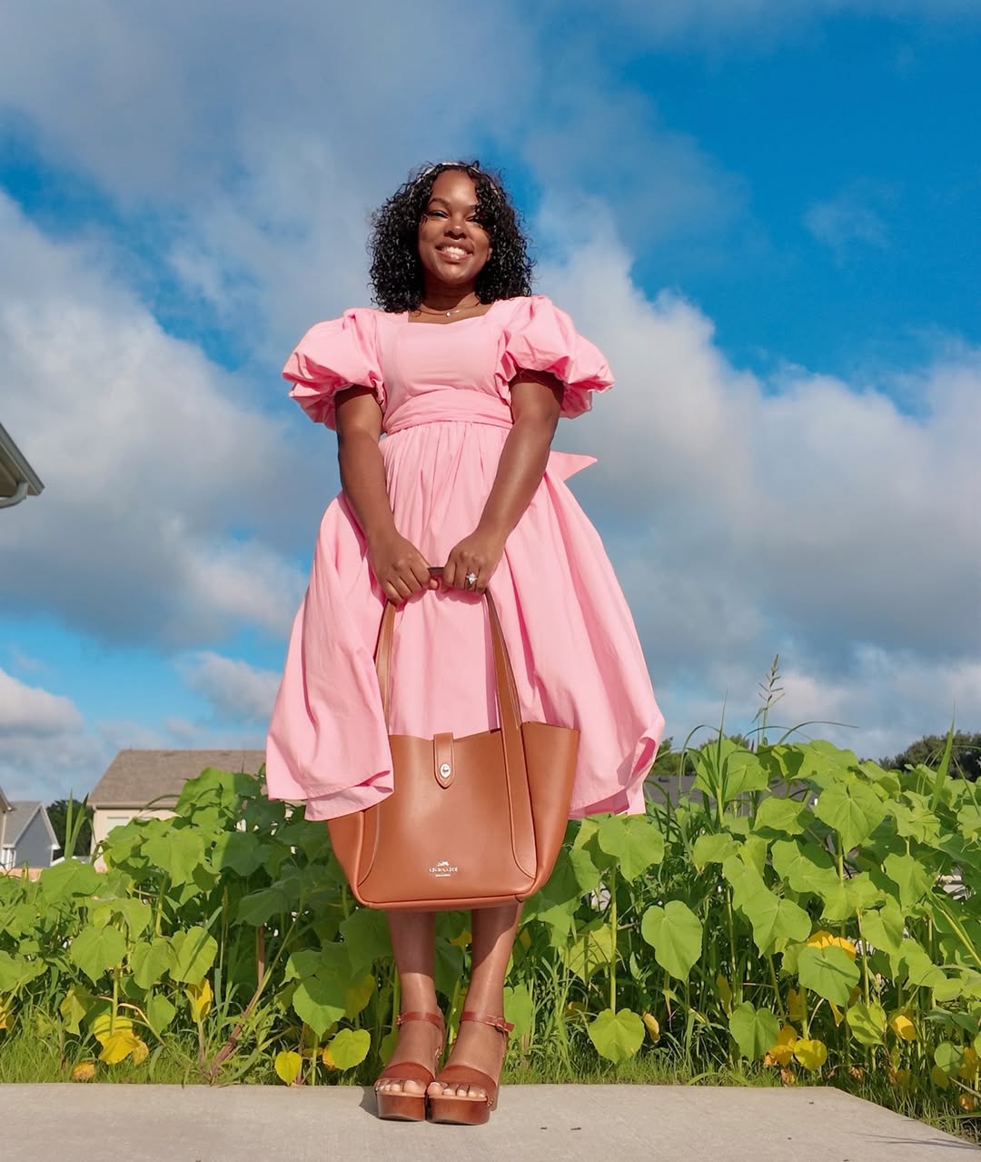 Puff-Sleeve Midi Dress + Warm Leather Accessories